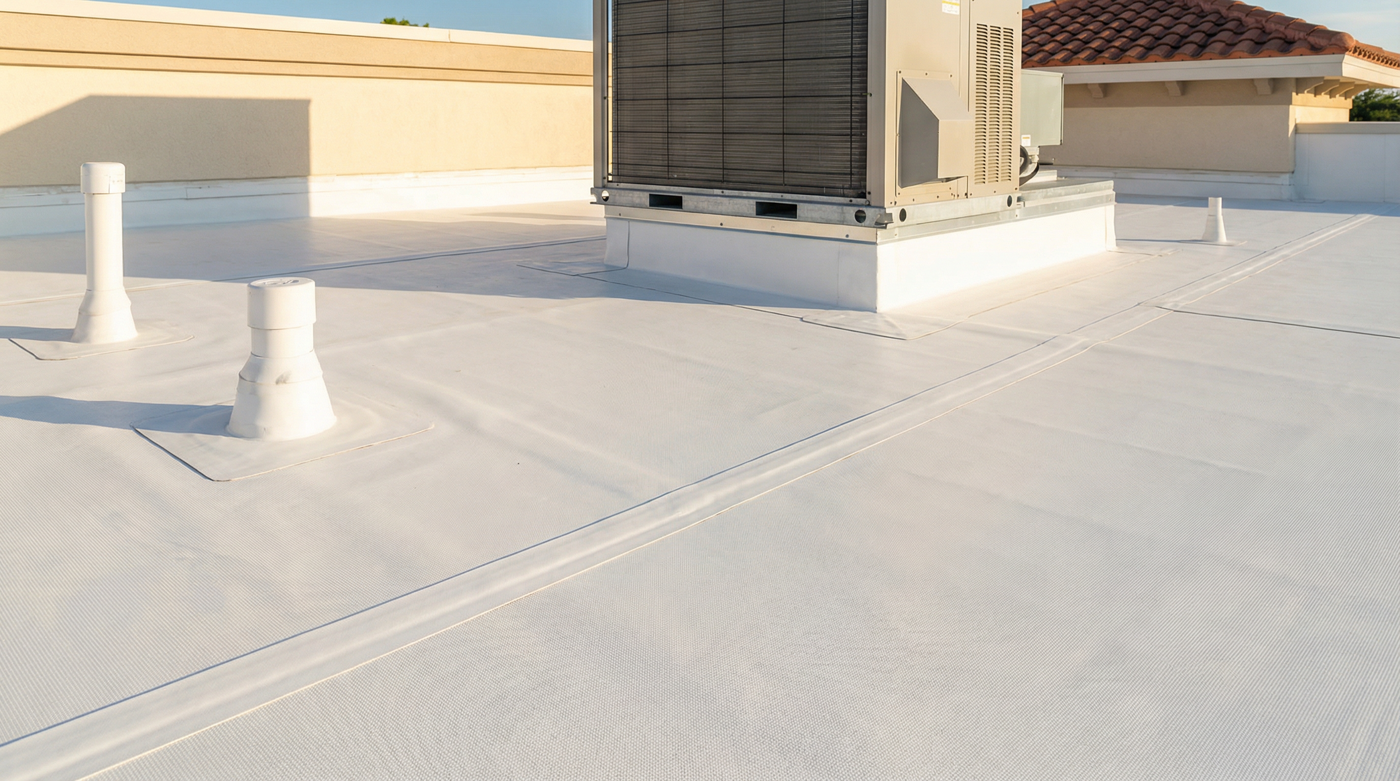 PVC single-ply commercial roofing membrane installed near rooftop equipment on restaurant building in Central Florida