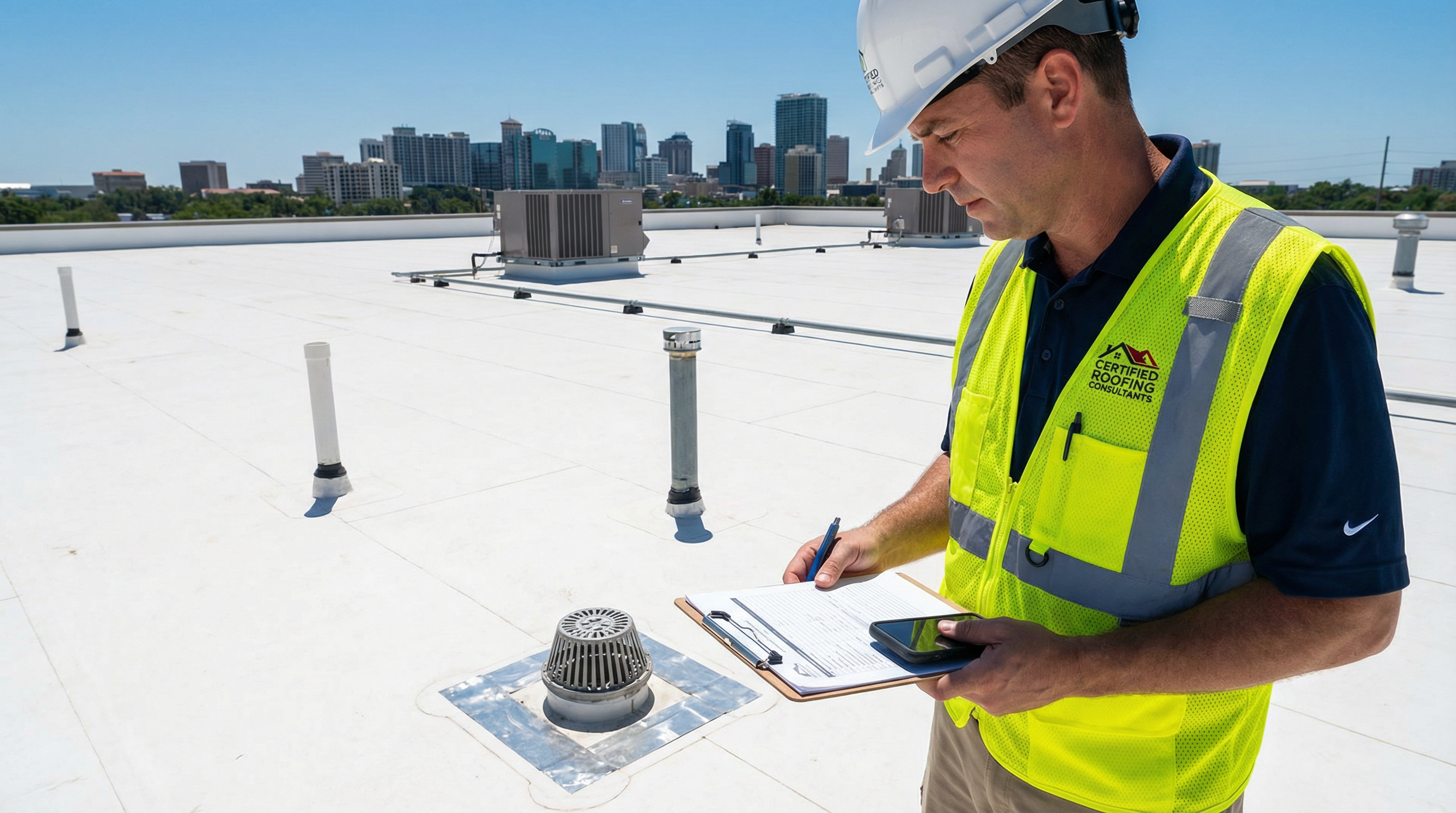 Commercial roof inspection in Orlando evaluating membrane condition, drains, and rooftop penetrations