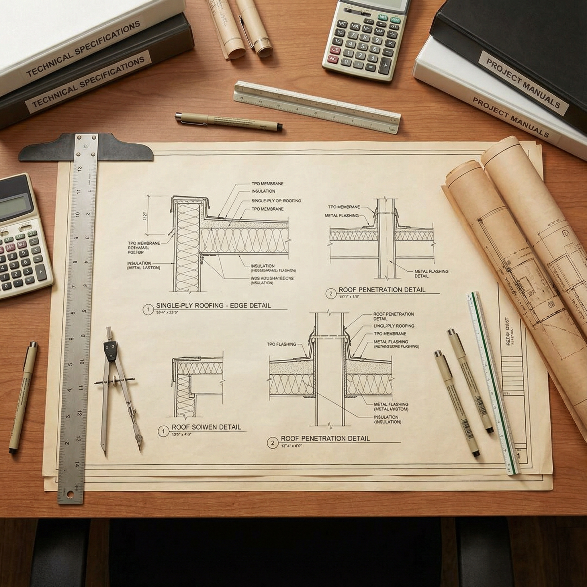 Architectural roof detail drawing review for single-ply edge and penetration conditions