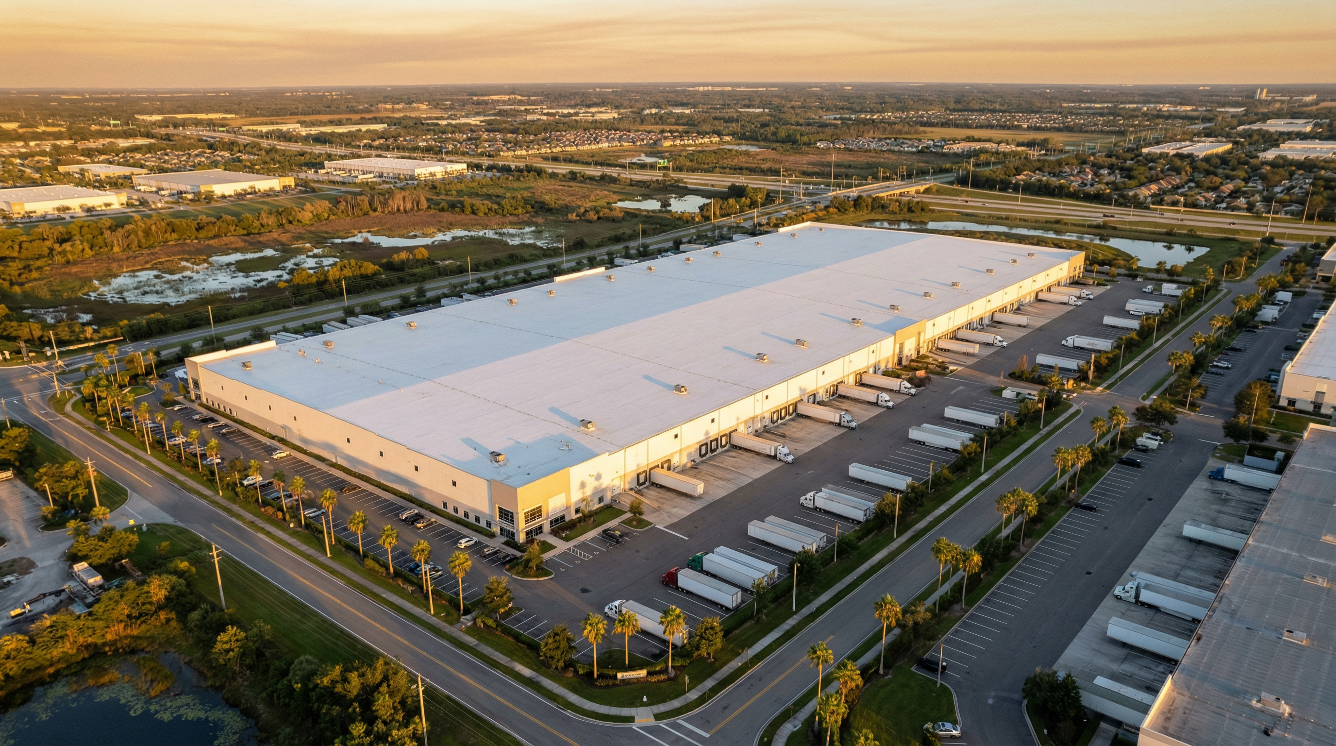 Aerial view of low-slope commercial roof on warehouse facility in Orange County Florida